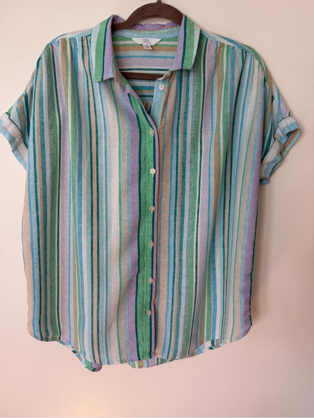 Time and Tru Striped Short-Sleeve Shirt in Green, Blue & Lavender size medium